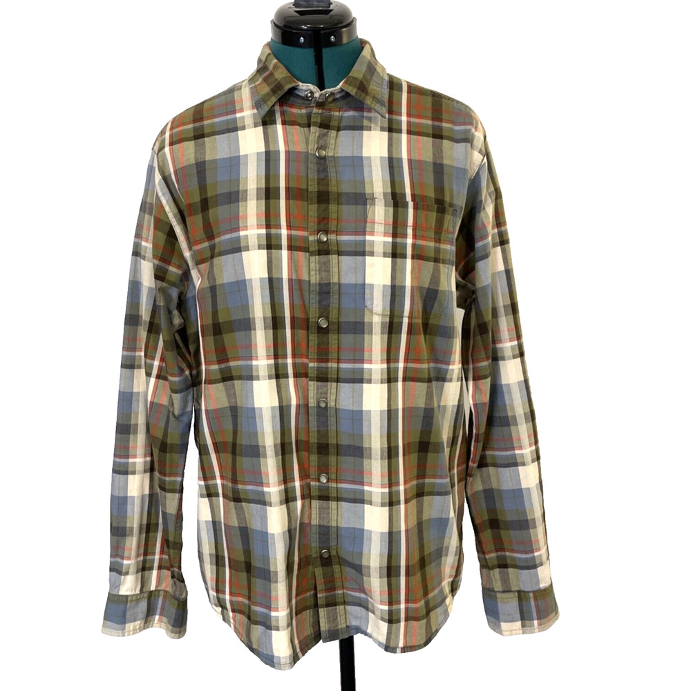 Prana Shirt Mens Medium Plaid Long Sleeve Pearl Snap Pocket‎ Organic Cotton